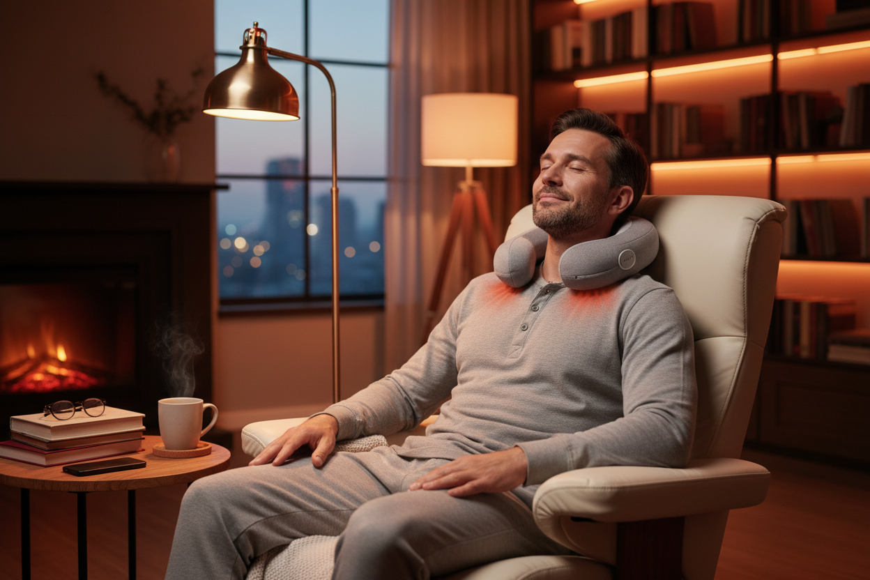 man relaxing after a long day at work with neck massager